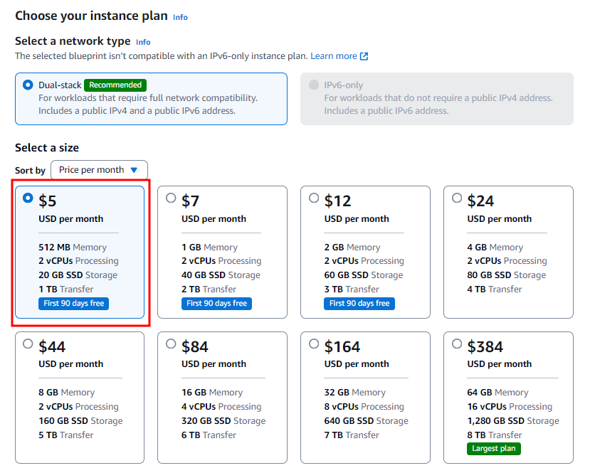 AWS 라이트세일 워드프레스 홈페이지  요금제 설정